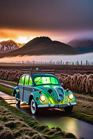 by Tom Fruin, Airbrush painting, landscape of a 1950'S Luminescent (Fen:1.1) and Electric Vehicle, mountains, Foggy conditions, Movie still, back-light, Flickr
