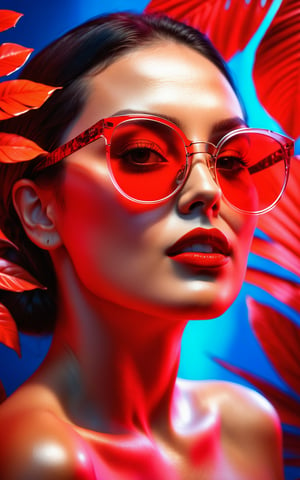 (best quality, 4K, 8K, 11k, high-resolution, masterpiece, ultra-detailed, photorealistic), double exposure effect, woman with glasses, vibrant red background, tropical theme, surreal and artistic composition, glowing and reflective glasses, high contrast, dynamic lighting, ethereal ambiance.