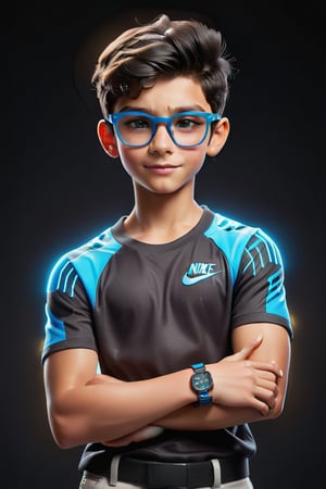 Against a sleek black backdrop aglow with vibrant neon hues, a 13-year-old boy stands confidently, exuding a sense of youthful sophistication. His jet-black hair is styled in a modern, messy-chic manner, framing his sharp features and bright blue glasses perched on the end of his nose. A stylish smartwatch adorns his wrist, complementing his sleek attire, which includes a high-end ensemble with bold patterns and a fitted silhouette that accentuates his chiseled physique. His strong arms flex beneath his sleeves, showcasing impressive muscular definition 💪💪. A subtle, solo smile plays on his lips, hinting at an inner confidence. Nike brand shoes complete the outfit, giving him a sleek, put-together look. The futuristic background glows with neon lights, casting an otherworldly ambiance as our young hero stands tall, radiating poise and self-assurance.