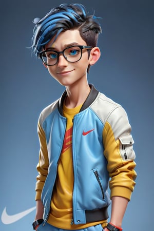 Create a 3D realistic character in a beautiful futuristic background, 1boy character, 16 year old age, wearing a stylish and futuristic cloth, cloth colour is yellow t-shirt and black and red jacket, wearing glasses, ((blue hair, hairstyle)), (blue eyes), wearing smart watch, wearing  Nike brand shoes,  standing position, perfect body, perfect muscles, 💪💪, strong body muscles, simple smile, solo smile, 4k, 8k, resolution 

Zone, zone pic, 
 
