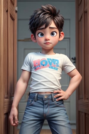 Pixar young boy, child, front view, pale_skin, short, short_hair, facing_away, blue_jeans, white t-shirt, in kids room next to a magical mysterious closed door, 8k,super_detailed, ultra_high_resolution, Best quality, masterpiece, perfect fingers, dynamic lighting, depth of field, deep shadow, RAW photo, best quality, detailed_face,penis, hot penis, strong penis, sexy penis, penis position curved upward, penis size 7.6, 