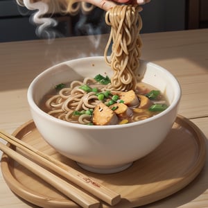 A steaming bowl of raman noodles, chopsticks, chinese spoon,.