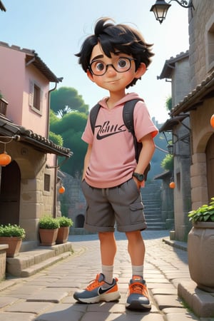 Create a 3D realistic character , 1boy character, 13 year old age, wearing a stylish and expenses cloth, wearing glasses, ((black hair, hairstyle)), wearing smart watch, wearing  Nike brand shoes,  standing position, perfect body, perfect muscles, 💪💪, simple smile, solo smile, 4k, 8k, resolution 
 
//Background//

a picturesque village or ancient city . The first light of day illuminates the stone facades and worn tiles of the houses and buildings, some of which date back centuries. At the center of the scene, a cobblestone square leads to an open-air market that begins to come to life, with vendors setting up their stalls selling fruits, vegetables, flowers and local crafts. The narrow, winding streets are lined with old lanterns, now unlit, while lazy cats lounge on the stone steps. In one corner, an ancient fountain, adorned with weathered carvings, murmurs softly, adding to the tranquil atmosphere. In the background, the towers of an ancient cathedral rise, capturing the first rays of sunlight that paint the sky in soft pinks and oranges. This image should convey a sense of tranquility, beauty and a deep connection to the past, celebrating the rich history and timeless charm of the ancient village or town,TreeAIv2,Studio Ghibli,LOFI,huge cats,cute cats,
