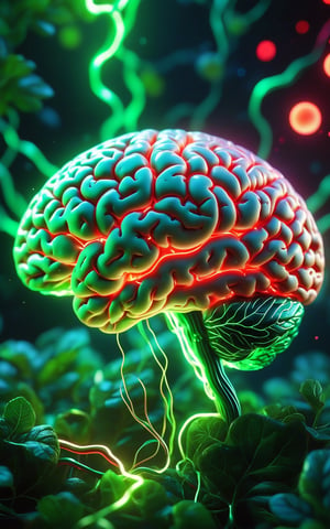(best quality, 4K, 8K, high-resolution, masterpiece), ultra-detailed, realistic, photorealistic, glowing brain, abstract background, bokeh effect, green and red color scheme, magical atmosphere, dynamic lighting, high contrast, detailed neural texture, ethereal ambiance, high detail, high resolution, luminous brain structure, neon glow, mesmerizing visuals, cinematic composition, particles effect, delicate details, scientific elegance.
