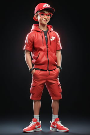 Create a 3D realistic character in a black background, 1boy character, 18 year old age, wearing a stylish and expenses cloth, wearing red glasses, wearing cap, wearing smart watch, wearing  Nike brand shoes,  standing position, perfect body, perfect muscles, 💪💪, simple smile, solo smile, 4k, 8k, resolution 
 
(Background, futuristic background, neon lighting,)
