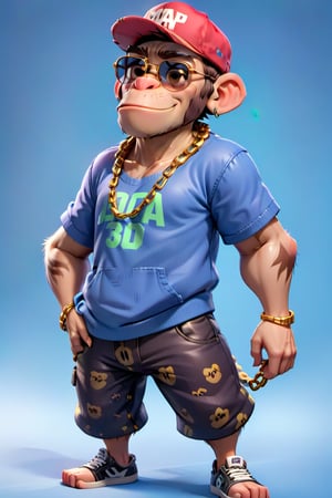 Create a 3D ape character in a blue portrait background, NFT ape, ape wearing stylish and expensive clothes, wears expensive chain, wears sunglasses, wears hat. Gta cartoon style, full image, disney pixar style,3D Render Style