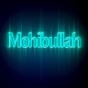 neon, indoor wall, etv mix font. 
"Mohibullah"
"font style"
"Blue and Green colours"