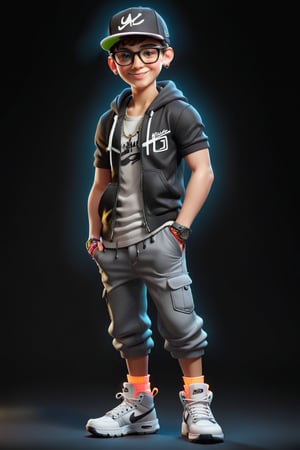 Create a 3D realistic character in a black background, 1boy character, 15 year old age, wearing a stylish and expenses cloth, wearing glasses, wearing cap, wearing smart watch, wearing Nike brand boot and neon lighting boot, standing position, Mafia Don, perfect body, perfect muscles, simple smile, smile, 4k, 8k, resolution 
Close pic, 
(Mini body but big face, trending Instagram photos)