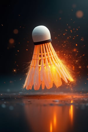 A badminton shuttlecock, captured mid-motion, appears to be glowing with vibrant orange and yellow sparks, creating a sense of dynamic energy. The texture of the feathered skirt contrasts with the smooth, white cork base. The background features a dark, out-of-focus area with scattered, shimmering particles enhancing the sense of movement. The floor is speckled with reflective droplets, adding to the dynamic and vibrant atmosphere.