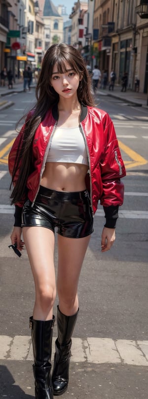 girl, bangs, long hair, view viewer, parted lips, catwalk,(high fashion), (shiny skin), (Masterpiece: 1.4), (Best Quality: 1.4), Red Lips, sweet girl,on the road:1.4, street:1.4, crop short legging, bomber jacket, croptop