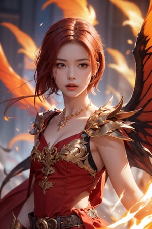 short red hair, 1girl, accessories, piercing, intricate background, fantasy, mythical, misterious, masterpiece, best quality, dynamic angle, cinematic composition, detailed face, fire bang background, fire wings,1 girl