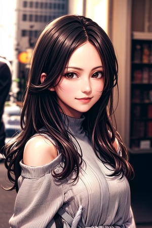 (Best quality, 8k, 32k, Photorealistic, UHD:1.2),

A young, fashionable girl with light fair skin, large, sparkling dark brown eyes, and shoulder-length, wavy hair with a hint of color. Her trendy hairstyle and charming smile convey a vibrant and urban allure.,imadamio