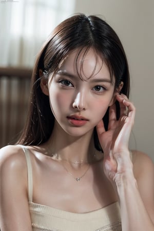 (Best quality, 8k, 32k, Photorealistic, UHD:1.2),

lifelike rendering, Photo of Pretty Japanese woman,  18yo,double eyelids, highly details glossy eyes, glossy full lips, exquisite facial, natural medium-large breasts,  soft curves, (pale skin:1.3), exquisite skin texture, necklace with a tiny charm, shape focus,l ray tracing, detailed hair, detailed fabric rendering,

 charming face, 