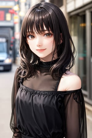 (Best quality, 8k, 32k, Photorealistic, UHD:1.2),

A young, fashionable girl with light fair skin, large, sparkling dark brown eyes, and shoulder-length, wavy hair with a hint of color. Her trendy hairstyle and charming smile convey a vibrant and urban allure.,moritahikaru