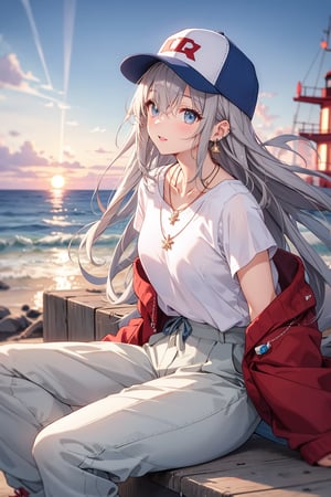 japanese mature 20yr girl, grey hair,long hair (straight_hair), hiphop dancer,wearing all white clothes (loose fit top and wide cargo pants),sneakers,accessories(necklace,ear_rings)baseball cap, sitting at sea bank,horizon,seaside,vivid sea color,red lighthouse,sunset,Best Quality, 32k, photorealistic, ultra-detailed, finely detailed, high resolution, perfect dynamic composition, beautiful detailed eyes, sharp-focus, cowboy_shot,
