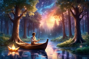 Generate an image of a young man sailing in a paper boat along a river of stars flowing through an enchanted forest, with trees that glow with magical light. Use a palette of soft and bright colors for a dreamy atmosphere.,scenery
