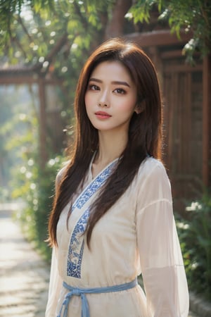 1girl, long hair, looking at viewer, copper brown hair, long sleeves, brown eyes, very long hair, outdoors, solo focus, lips, sash, chinese clothes, realistic, red lips,Wonder of Beauty,LinkGirl,xxmix_girl,FilmGirl