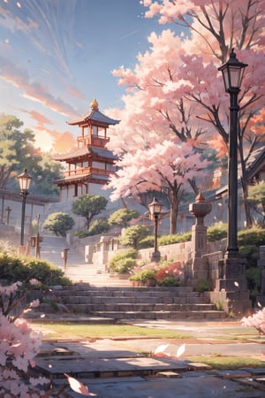 masterpiece,absurdres,best quality,extremely detailed,highres,landscape,evening,light,sakura tree,（school：1.41）,sunset,Sakura falling,gentle breeze