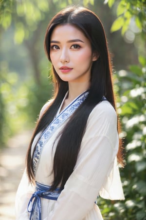 1girl, long hair, looking at viewer, multiple girls, black hair, long sleeves, brown eyes, very long hair, outdoors, solo focus, lips, sash, chinese clothes, realistic, red lips,Wonder of Beauty