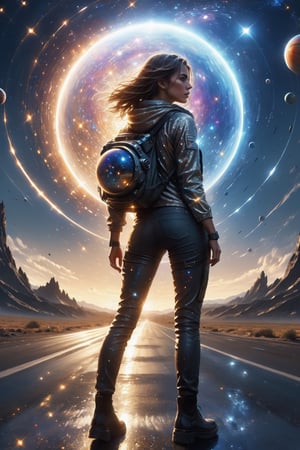 It generates a high quality cinematic image, extreme details, ultra definition, extreme realism, high quality lighting, 16k UHD, a young women with casual look standing in the middle of the road but in the background and in front is outer space and you can see planets and stars the context is chaotic as if it were the end of the world, the light is night and raining, glitter,shiny