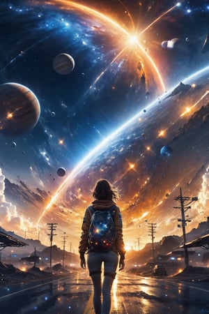It generates a high quality cinematic image, extreme details, ultra definition, extreme realism, high quality lighting, 16k UHD, a young women with casual look standing in the middle of the road but in the background and in front is outer space and you can see planets and stars the context is chaotic as if it were the end of the world, the light is sunset,glitter