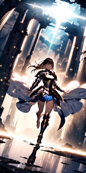 mature warrior girl, alone, levitating among mysterious ruins, armor, power, dynamic angle, magic particles, dust particles, glow, reflection, glitter, glare,