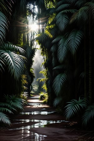 Deep within the wet foggy jungle forest, tall green lush trees, ferns, and flowers, along with animal life, blanket the forest floor. Sunset warm light streams through the tree canopy, creating a scene that is both beautiful and serene, as rain softly descends. 