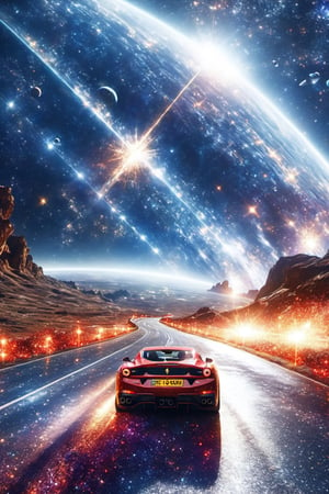 It generates a high quality cinematic image, extreme details, ultra definition, extreme realism, high quality lighting, 16k UHD, a road with ferrari on it but in the background and in front is outer space and you can see planets and stars the context is chaotic as if it were the end of the world, the light is night. ,glitter