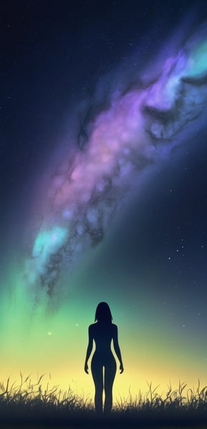 A close up fantastic image of a woman's outline containing the entire galaxy inside of her, as she stands in a field in northern light at midnight, a soft aura surrounding her Full ,hd more details, realistic 