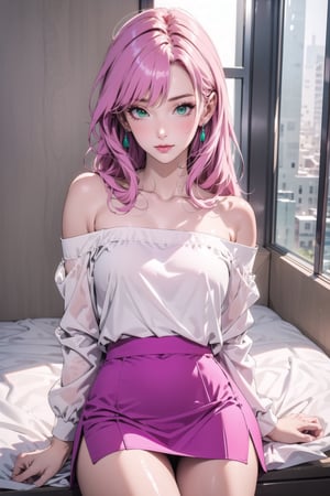 1girl, solo, pastel magenta hair, long hair, green eyes, looking at viewer, short skirt,Off the shoulders,Confidence and pride,1 girl ,beauty,masterpiece,best quality,girl,pastel,viking,Bomi