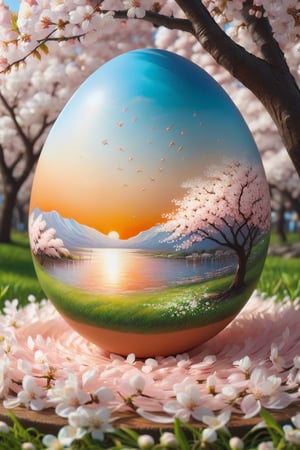 egg-art, masterpiece,absurdres,best quality,extremely detailed,highres,landscape,evening,light,cherry blossom tree,sunset, cherry blossom petals falling ,gentle breeze