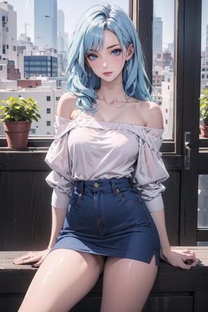 1girl, solo, pastel blue hair, long hair, blue eyes, looking at viewer, short skirt,Off the shoulders,Confidence and pride,1 girl ,beauty,masterpiece,best quality,girl,pastel,viking,Bomi