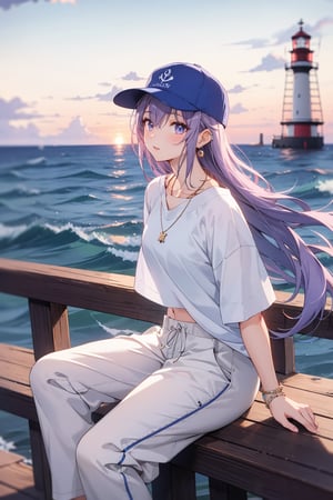 japanese mature 20yr girl, pastel purple hair,long hair (straight_hair), hiphop dancer,wearing all white clothes (loose fit top and wide cargo pants),sneakers,accessories(necklace,ear_rings)baseball cap, sitting at sea bank,horizon,seaside,vivid sea color,red lighthouse,sunset,Best Quality, 32k, photorealistic, ultra-detailed, finely detailed, high resolution, perfect dynamic composition, beautiful detailed eyes, sharp-focus, cowboy_shot,