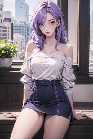 1girl, solo, pastel purple hair, long hair, purple eyes, looking at viewer, short skirt,Off the shoulders,Confidence and pride,1 girl ,beauty,masterpiece,best quality,girl,pastel,viking,Bomi