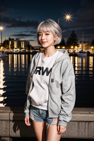 (RAW photo, best quality), (realistic),photo, masterpiece, 1girl, short bob hair, light grey hair, looking at viewer, hoodies, jacket, shorts, at night outdoor, harbor, street, full body, (light smile:0.7),blush, long shot,photorealistic,