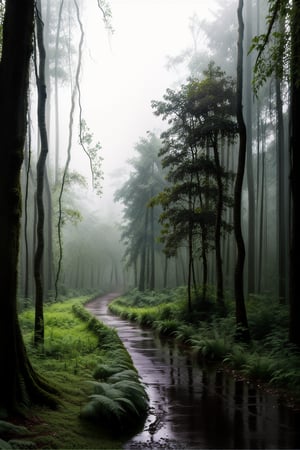 Deep within the wet foggy jungle forest, tall green lush trees, ferns, and flowers, along with animal life, blanket the forest floor. Sunlight streams through the tree canopy, creating a scene that is both beautiful and serene, as rain softly descends. deer in the background,,inch0226b,Nature