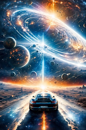 It generates a high quality cinematic image, extreme details, ultra definition, extreme realism, high quality lighting, 16k UHD, a road with Porsche 718 on it but in the background and in front is outer space and you can see planets and stars the context is chaotic as if it were the end of the world, the light is night. 