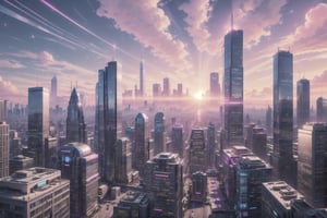 City, metropolis, with skyscrapers, against the backdrop of a blue sunset, pink and magenta sky, the glare of the sun on the buildings, sun rays between buildings, without people, Futuristic future, adstech,Indoor