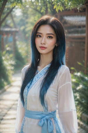 1girl, long hair, looking at viewer, pastel blue hair, long sleeves, brown eyes, very long hair, outdoors, solo focus, lips, sash, chinese clothes, realistic, red lips,Wonder of Beauty,LinkGirl,xxmix_girl,FilmGirl