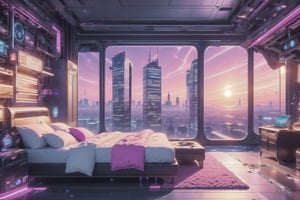 City, metropolis, with skyscrapers, against the backdrop of a blue sunset, pink and magenta sky, the glare of the sun on the buildings, sun rays between buildings, without people, Futuristic future, adstech,indochine bedroom interior,