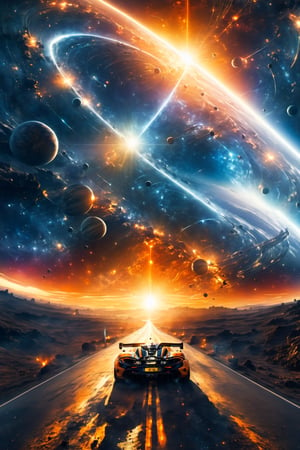 It generates a high quality cinematic image, extreme details, ultra definition, extreme realism, high quality lighting, 16k UHD, a road with mclaren on it but in the background and in front is outer space and you can see planets and stars the context is chaotic as if it were the end of the world, the light is sunset,  