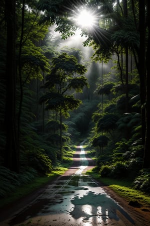 Deep within the foggy rainforest, tall green lush trees, ferns, and flowers, along with animal life, blanket the forest floor. Sunset warm light streams through the tree canopy, creating a scene that is both beautiful and serene, as rain softly descends. 