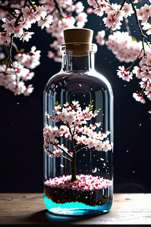 photorealistic, best quaity, 8k, high, sakura tree in a bottle, falling_petals