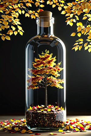 photorealistic, best quaity, 8k, high, autumn tree in a bottle, falling_petals