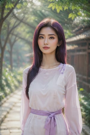 1girl, long hair, looking at viewer, pastel purple hair, long sleeves, brown eyes, very long hair, outdoors, solo focus, lips, sash, chinese clothes, realistic, red lips,Wonder of Beauty,LinkGirl,xxmix_girl,FilmGirl,Extremely Realistic,Slender body