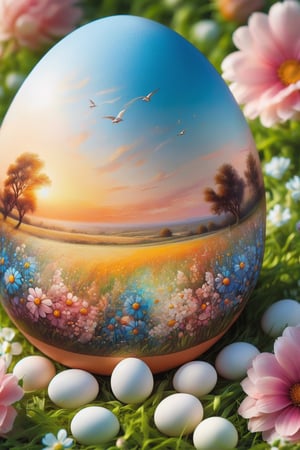 egg-art, masterpiece, absurdres, best quality, extremely detailed, highres, landscape, evening light, summer flower field, sunset, petals falling ,gentle breeze