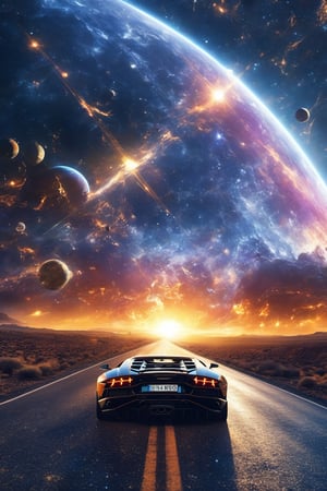 It generates a high quality cinematic image, extreme details, ultra definition, extreme realism, high quality lighting, 16k UHD, a road with a lamborghini on it but in the background and in front is outer space and you can see planets and stars the context is chaotic as if it were the end of the world, the light is sunset,glitter