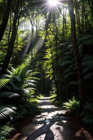 Deep within the rainforest, tall green lush trees, ferns, and flowers, along with animal life, blanket the forest floor. Sunlight streams through the tree canopy, creating a scene that is both beautiful and serene, as rain softly descends. deer in the background,,inch0226b