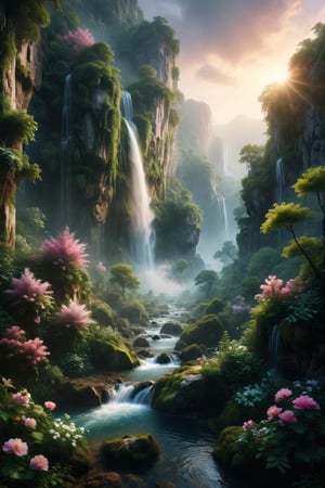 Create an enchanting vertical landscape featuring multiple luminous waterfalls cascading down from towering cliffs into a serene river, surrounded by lush greenery and blooming flowers under the soft glow of twilight.