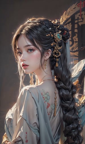 Natural Light, (Best Quality, highly detailed, Masterpiece:1.2), 16k, depth of field, ((wide shot)), 1girl A lady with long black hair, Full body picture, Han Dynasty Clothing, dark green silk thread, Transparent watercolor, splash ink rendering, chaos rendering, (beautiful and detailed eyes), (realistic detailed skin texture), (detailed hair), (realistic light and shadow), (clean outline, sketch style line art),ink splash,solid color background,Chinese style